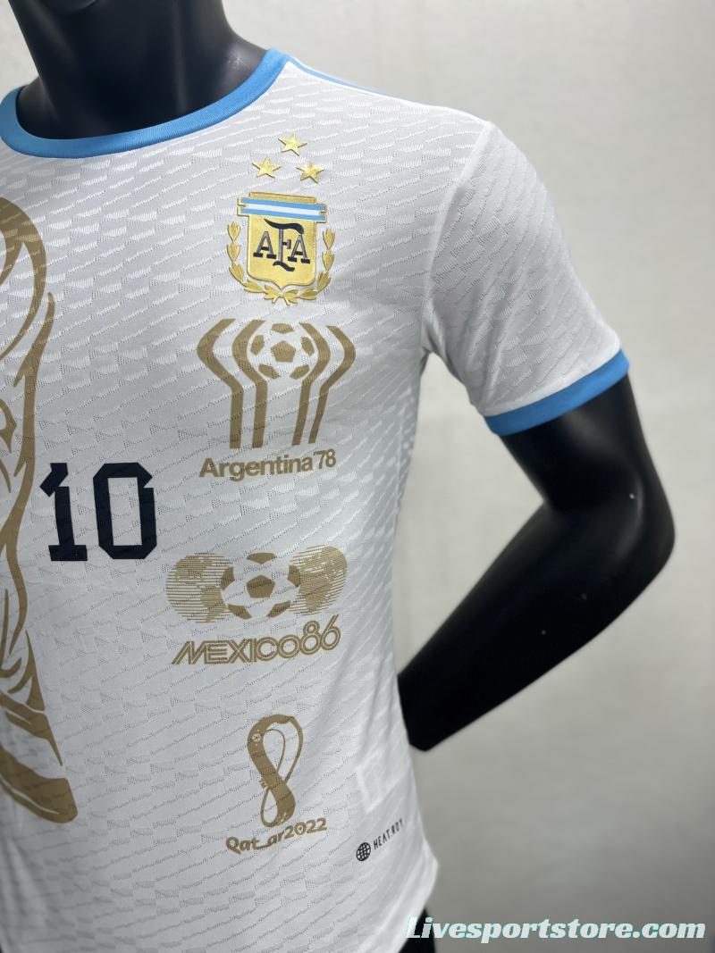 Player Version 3 Stars Argentina White Training Jersey With Number 10 Printing