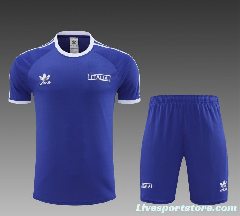 2024 Italy Blue Cotton Short Sleeve Jersey+Shorts